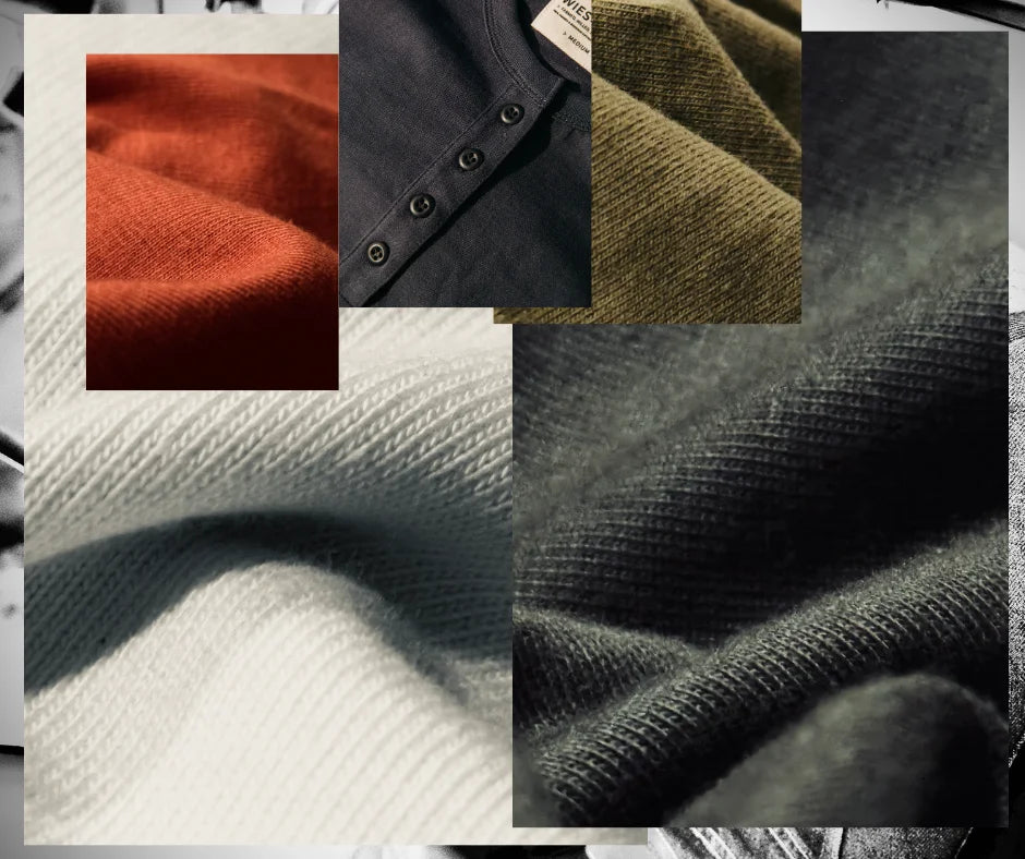 Close-up collage of heavyweight cotton tee jersey swatches in brick, charcoal, olive, and cream.