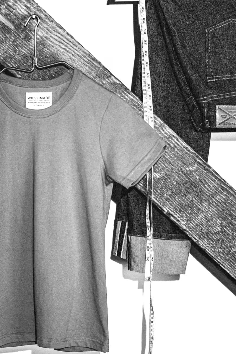 Bolinas Tee made of heavyweight 8oz 100% cotton, displayed with a black and white filter alongside denim & measuring tape