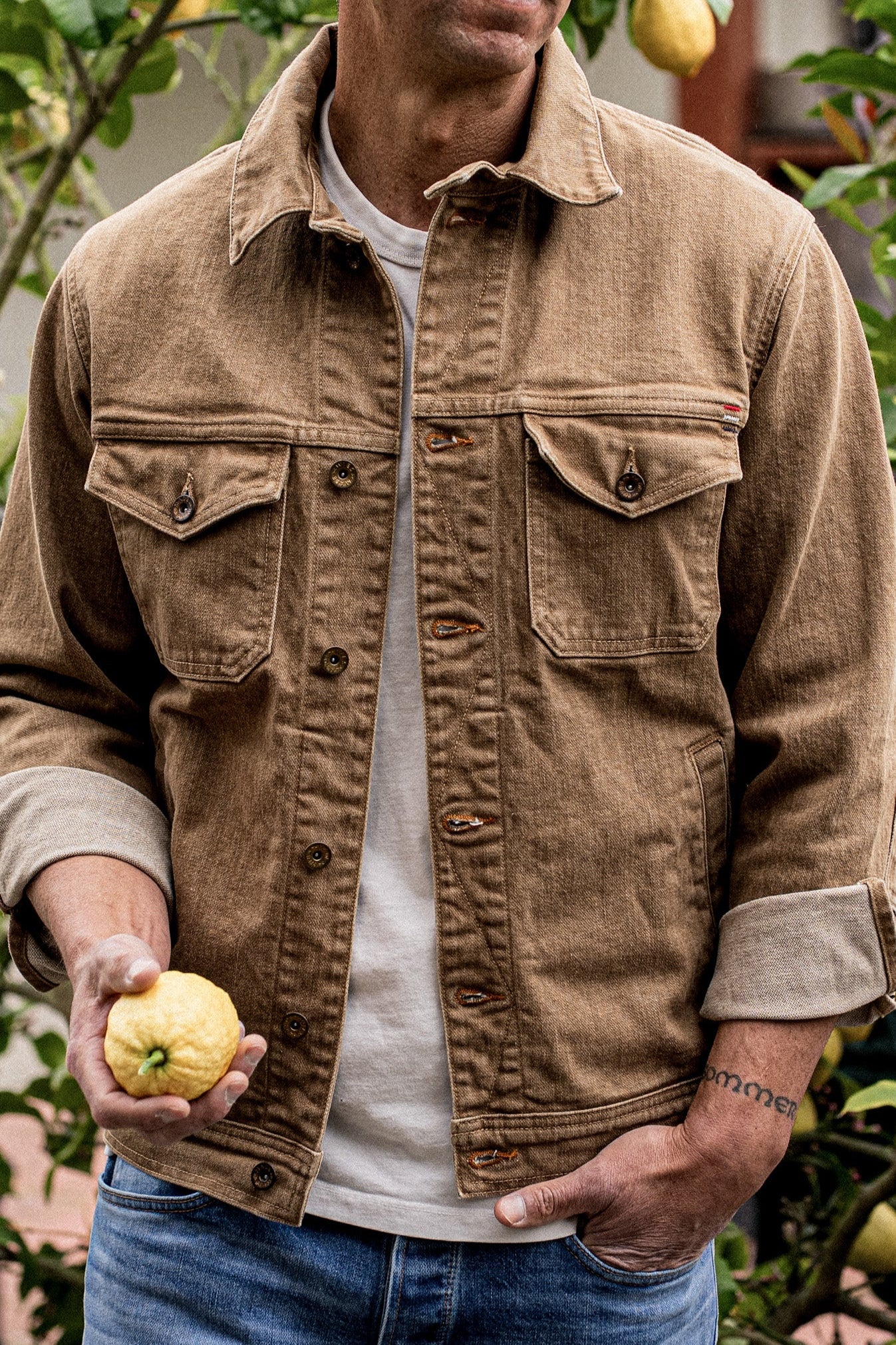 Man in wheat broken twill denim jacket with chest pockets and brass buttons, holding a lemon.
