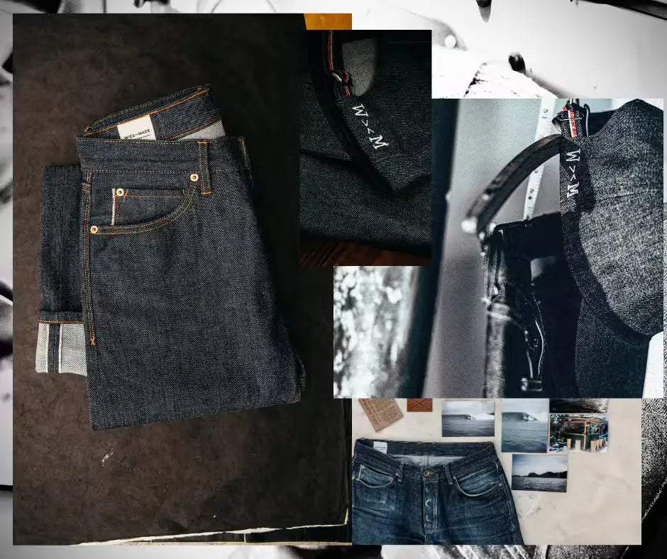 Folded raw selvedge denim jeans with brass rivets, white selvedge edge, and WiesMade tags.