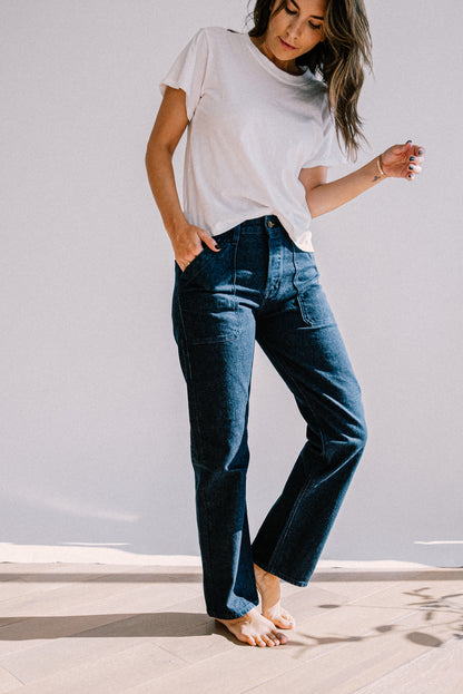 American made ocean wash jeans for women, featuring a high rise fit, straight leg cut, and front utility pockets for a refined yet casual everyday look