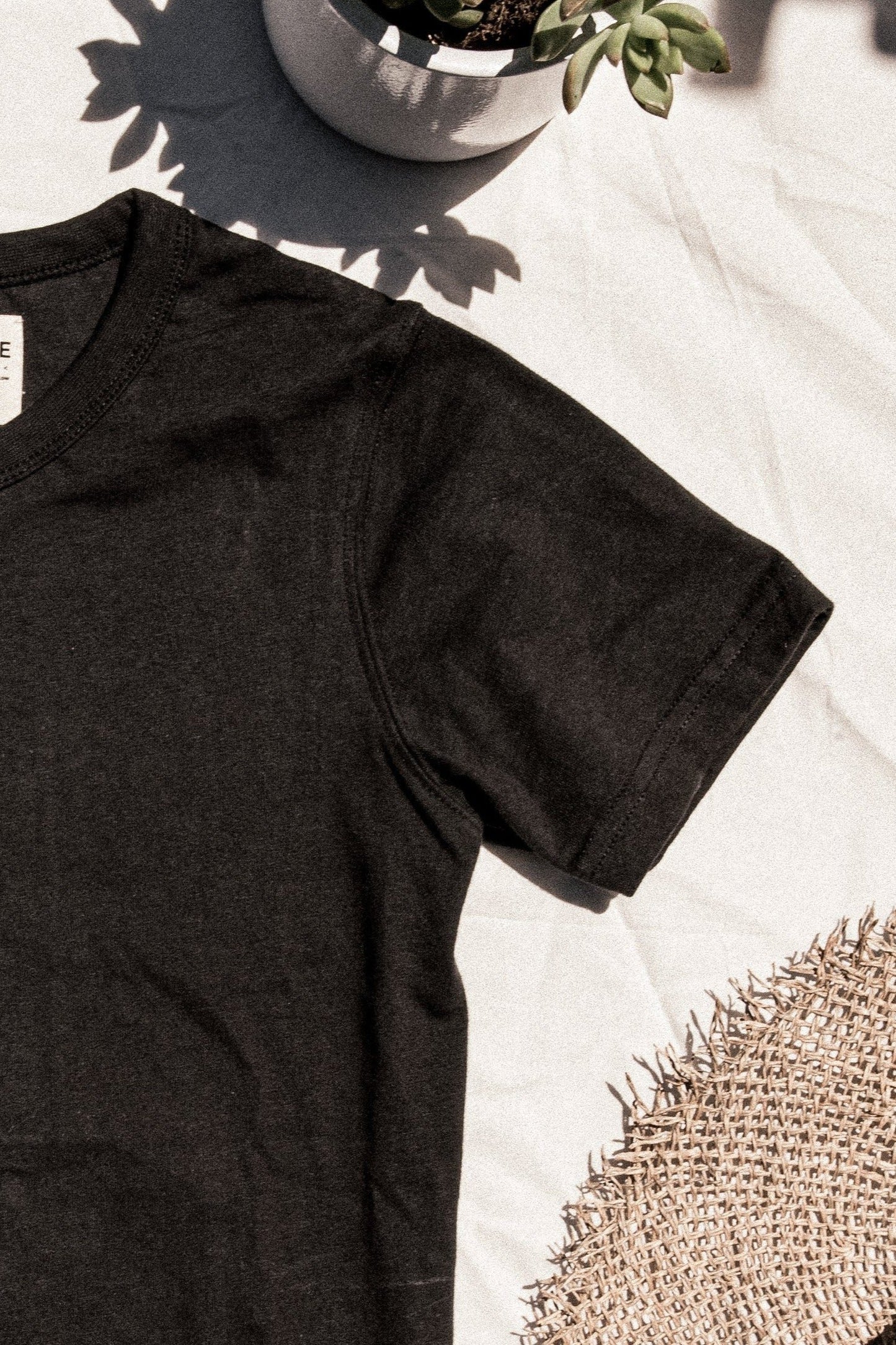 Basalt black heavyweight cotton tee laid flat beside a succulent and woven straw hat in sunlight.