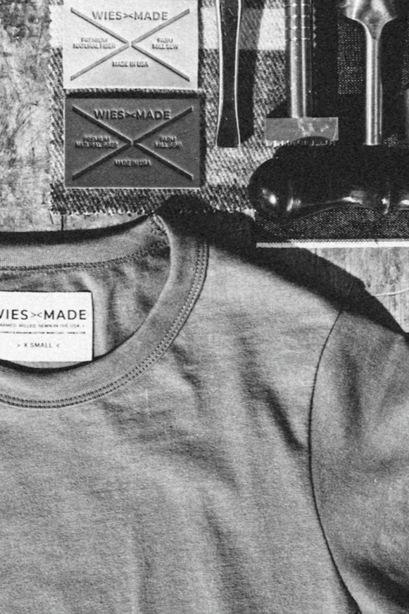 Basalt heavyweight cotton tee with WiesMade Made in USA neck label and patches.