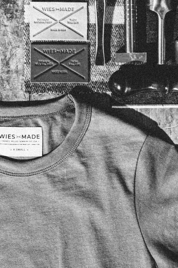Close-up of the Bolinas heavyweight cotton tee collar with WiesMade Made in USA labels.