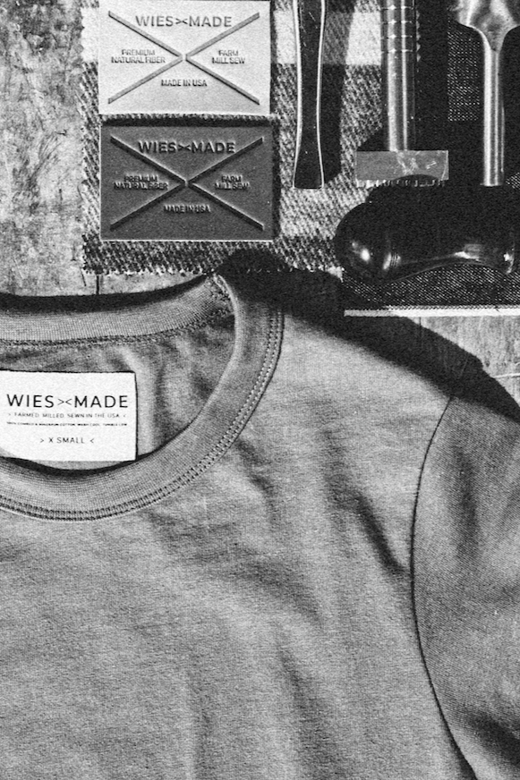 Basalt gray Bolinas heavyweight tee with WiesMade neck label and Made in USA brand patches.