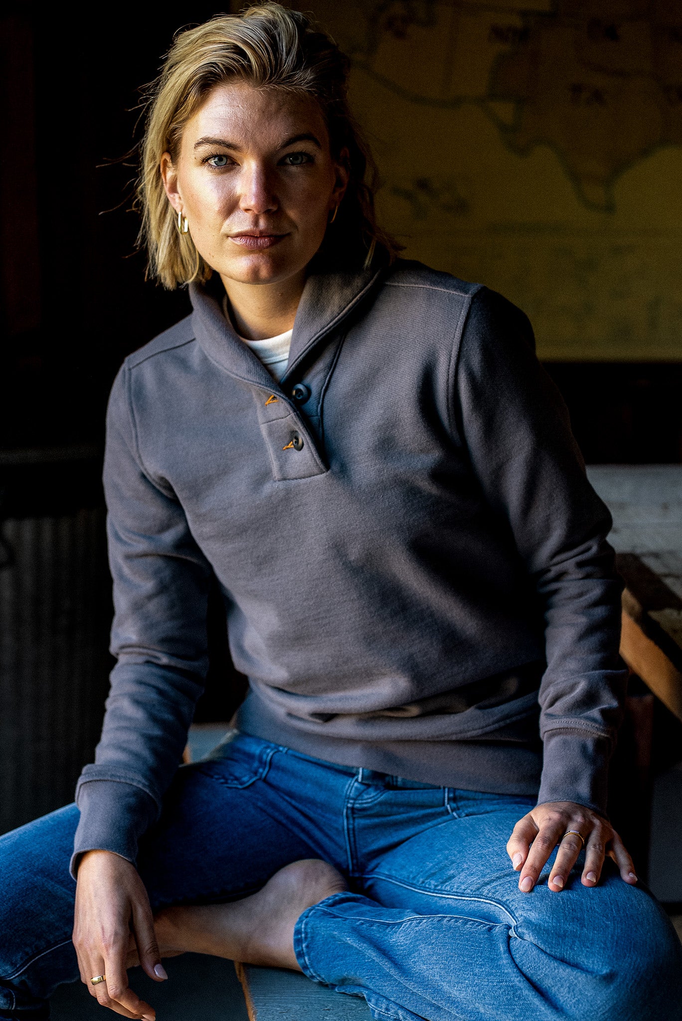 Pebble grey shawl collar pullover in heavy French terry, worn on-model over a white tee.