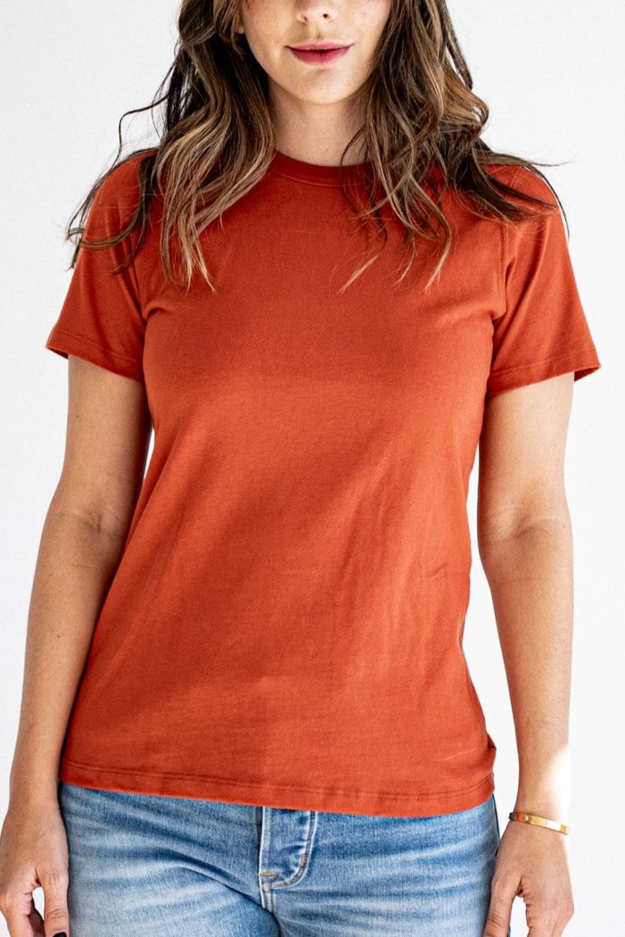 Women's Bolinas heavyweight tee in brick, styled with jeans for a relaxed everyday fit.