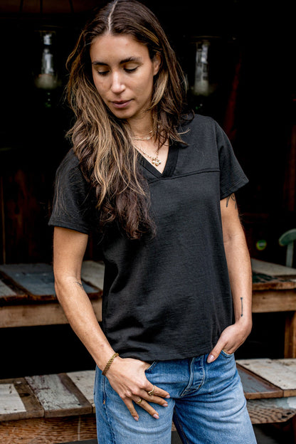 Basalt black Stinson V-neck jersey in heavyweight cotton, styled with blue jeans outdoors.