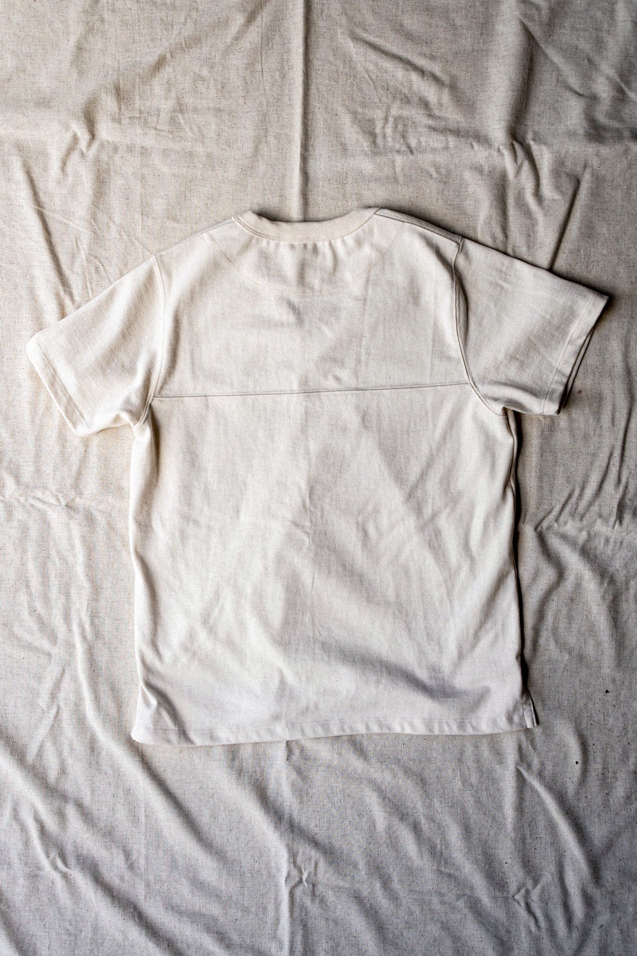 Natural cotton Stinson V-neck jersey tee laid flat, back view showing yoke seam.