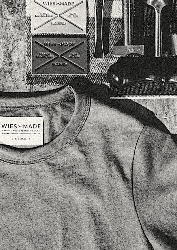 Close-up of the Bolinas heavyweight cotton tee collar with WiesMade Made in USA label.
