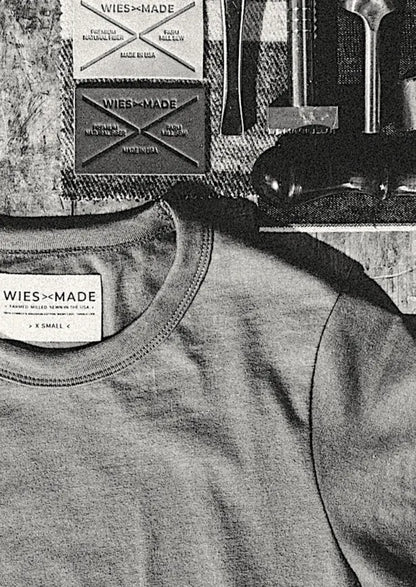 Close-up of the Bolinas heavyweight cotton tee collar with WiesMade Made in USA label.